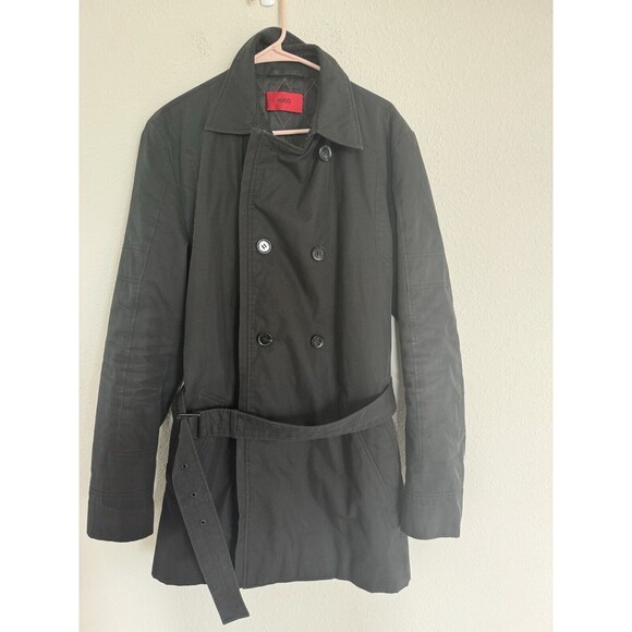 HUGO BOSS red label black zip button belted trench coat designer classic